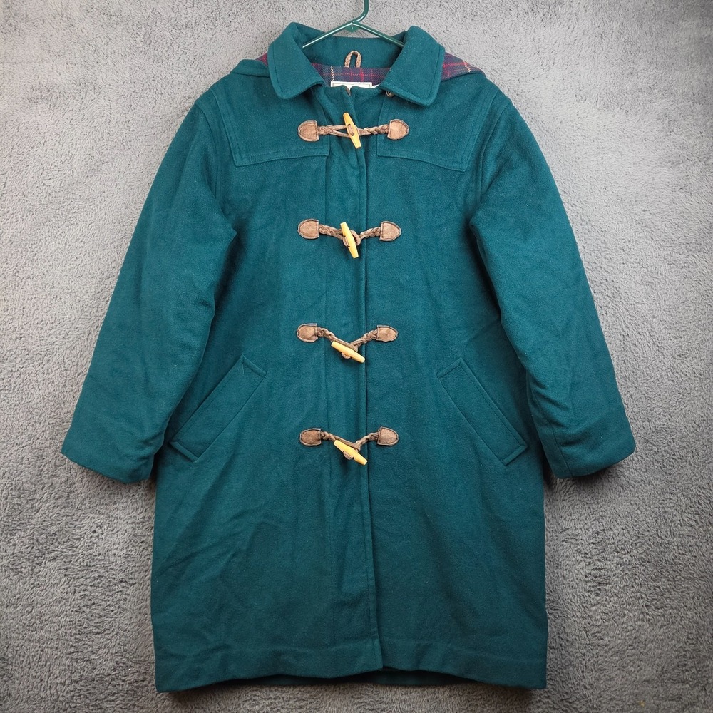 Vintage LL Bean Wool Duffle Coat Women's 12 Teal Green Toggle Hooded 80s 90s